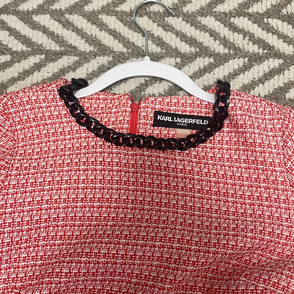 Karl Lagerfeld Paris Tweed Midi Dress with Chain and Rose Detail - Picture 3 of 4